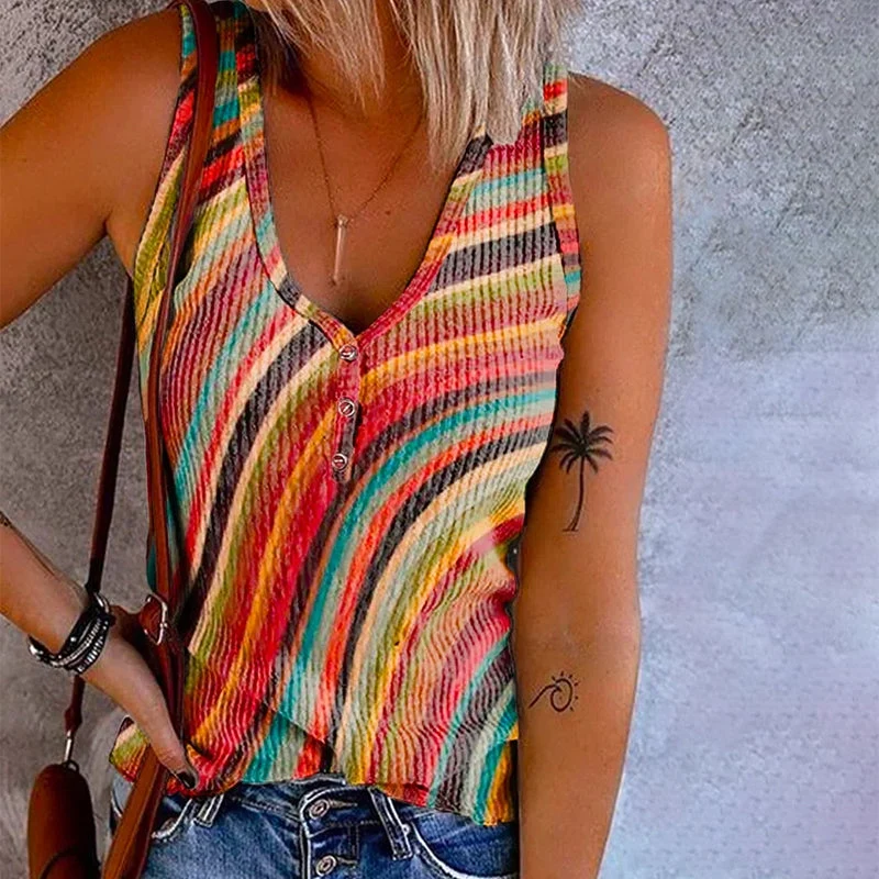 Dames Gestreepte Tanktop met V-hals en Knoopdetail