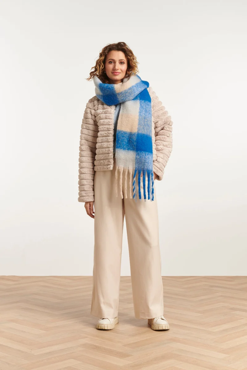 51612 Dames Sjaal Met Geruit Print | White - Blue