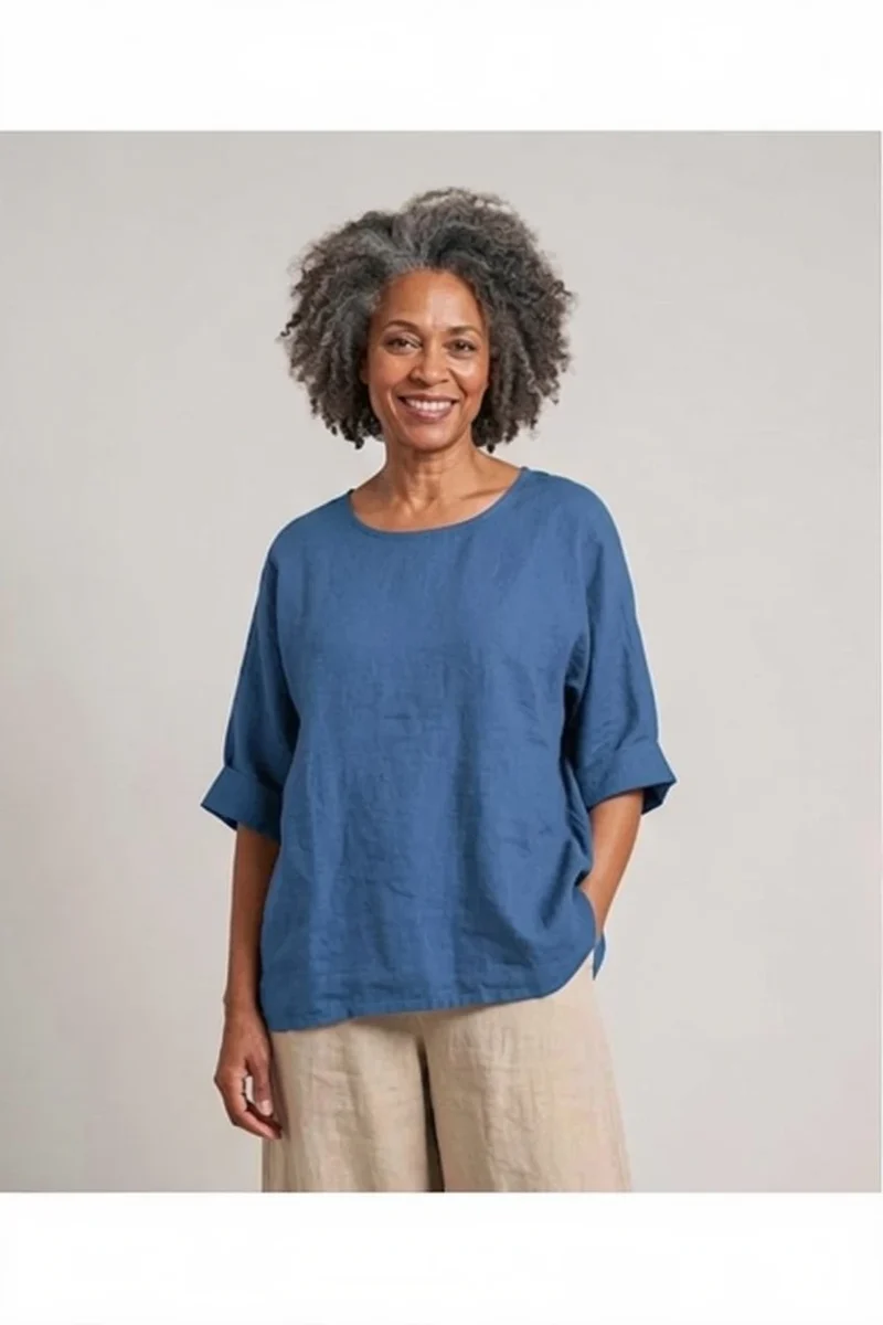 BB Style - Linnen top ronde hals - Uni Petrol blauw