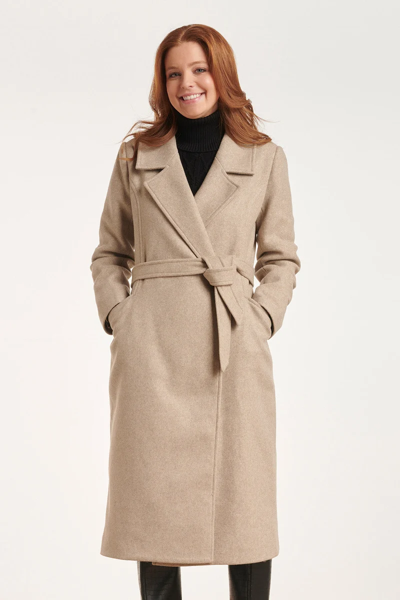 24552 Lange Beige Jas Met Grote Revers | Sand