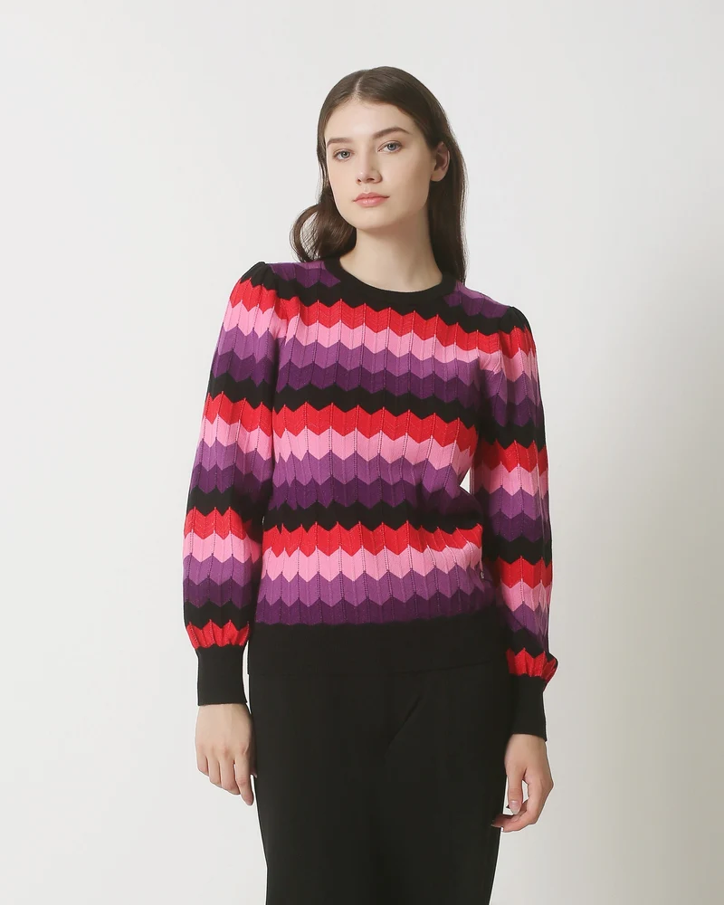 23830 Paarse Multi Zigzag Print Ronde Hals Top | Muticolour