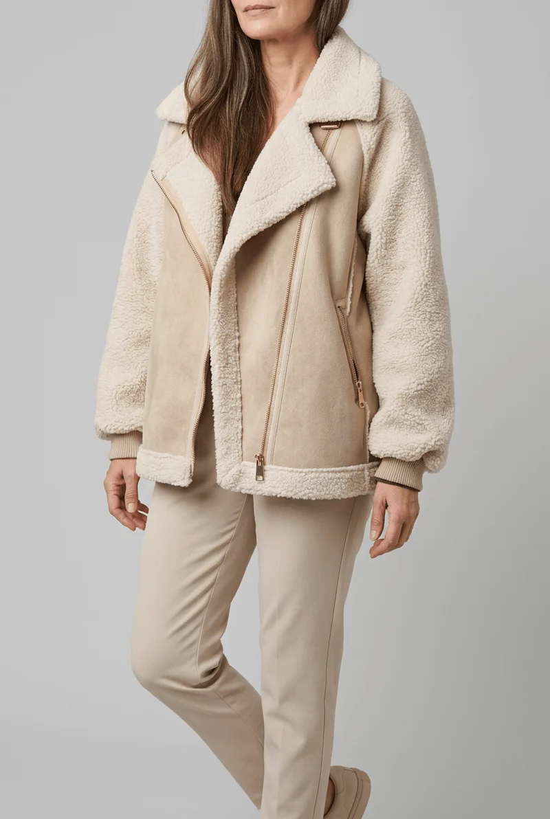 Dames Teddy Bikerjas | Oversized met Suede-Look Panelen