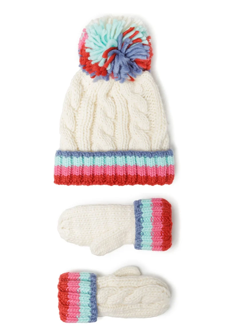 Girls' hat and mittens set in cream with multicoloured stripes