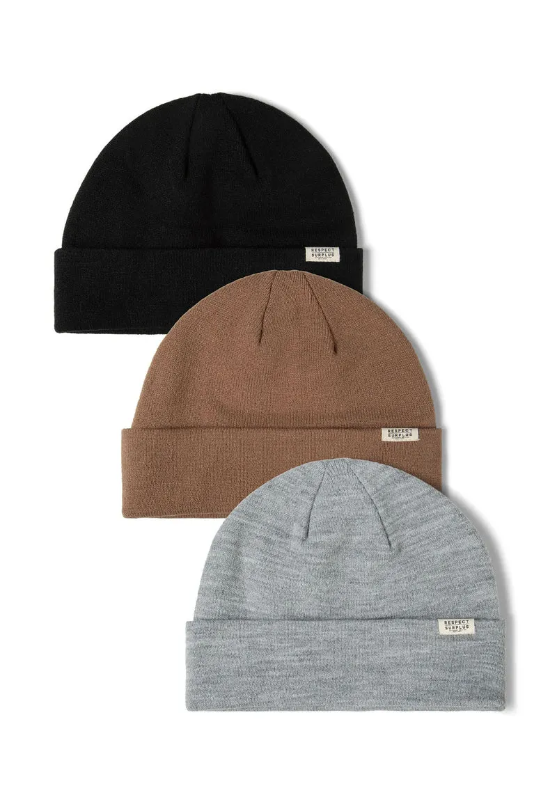 Kids' beanies 3-pack in black, brown and grey