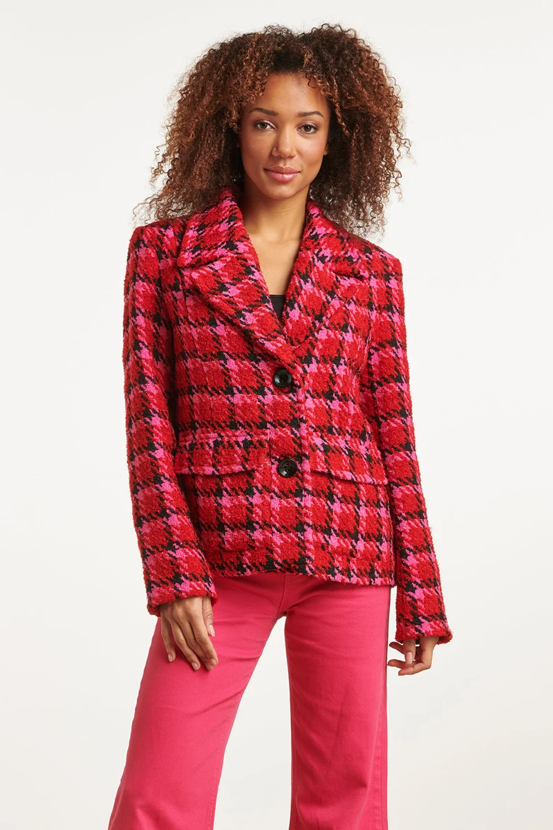 23626 Kort Damesjas Met Pied-De-Poule Print | Red - Muticolour
