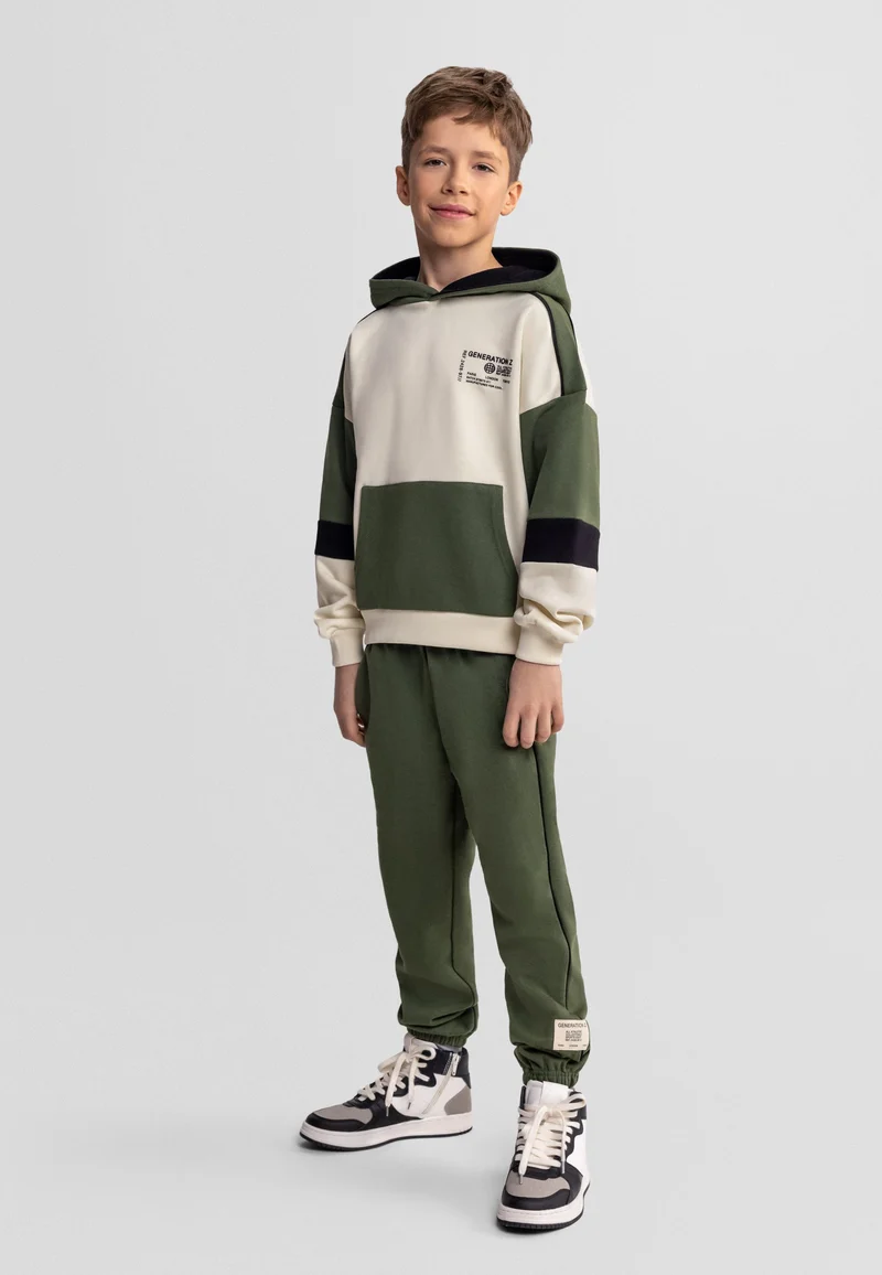 Boys' hoodie and joggers set in khaki green and cream