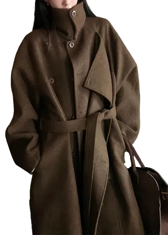 Lange Dames Winterjas met Hoge Kraag en Strikceintuur – Oversized Mantel
