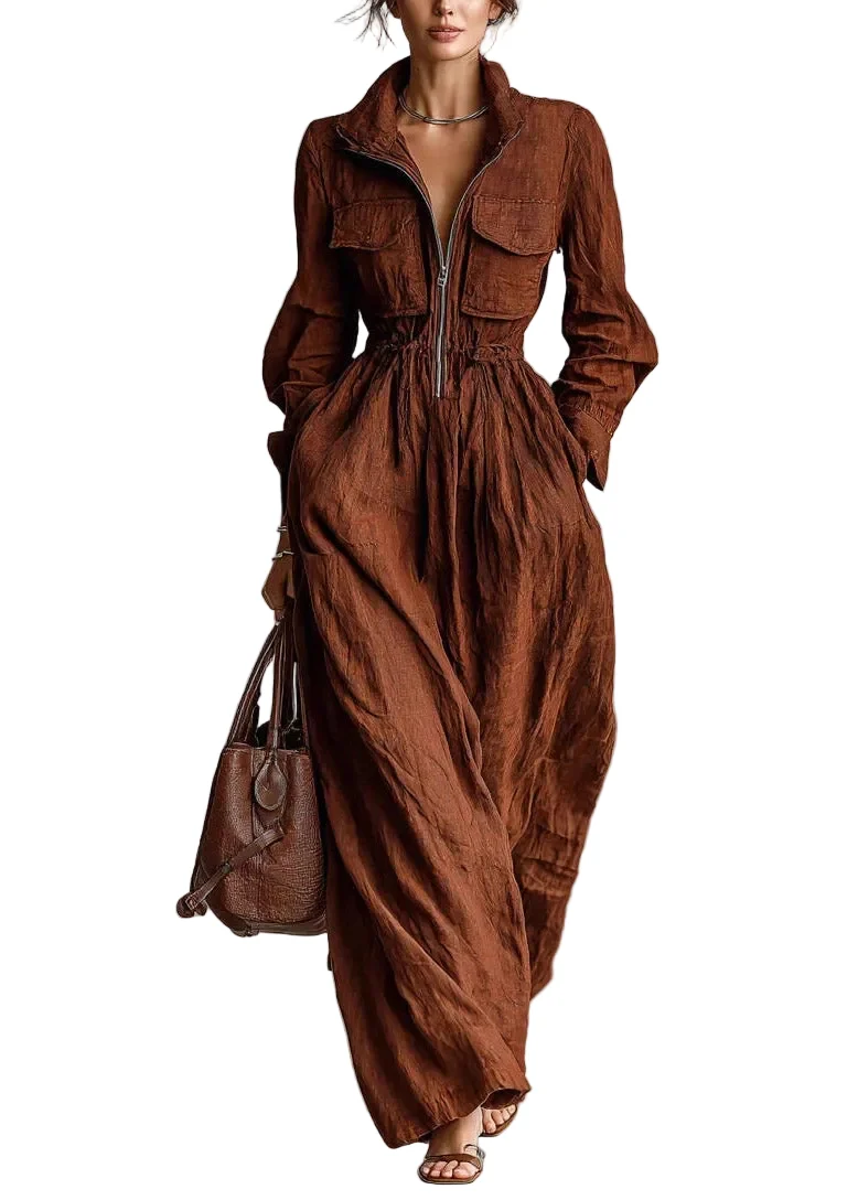 Maxi jumpsuit voor dames met lange mouwen, ritssluiting en cargozakken