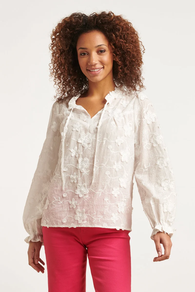 23571 3d Geborduurde Bloementop | White