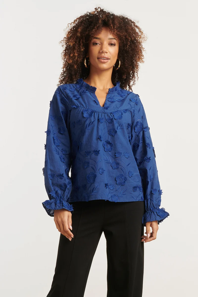 25624 Dames3d Bloemenprint Top Met V Hals | Navy