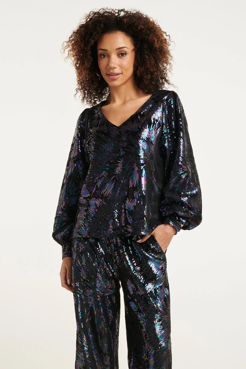 24774 Multicolour Pailletten Top Op E Velours | Black - Purple