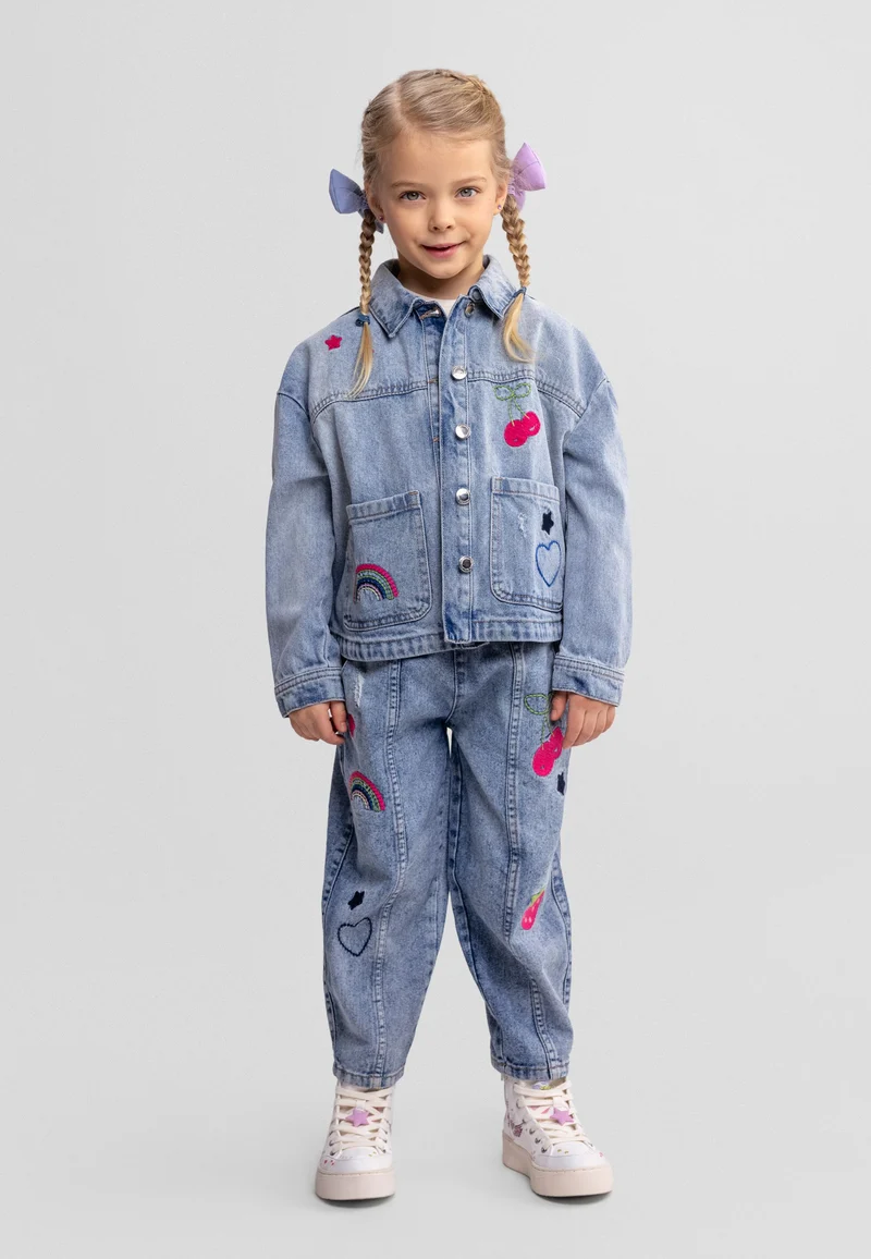 Girls' embroidered pull-on jeans in light blue