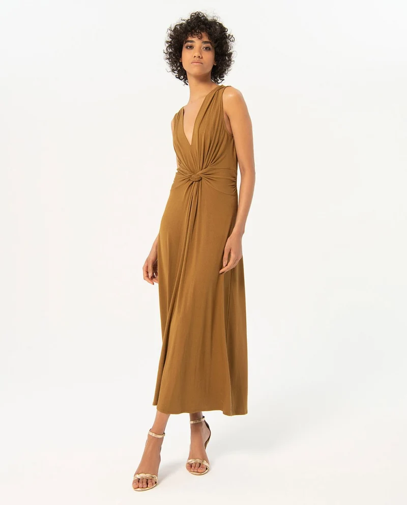 Surkana long dress with gathered knot in front tile tobacco