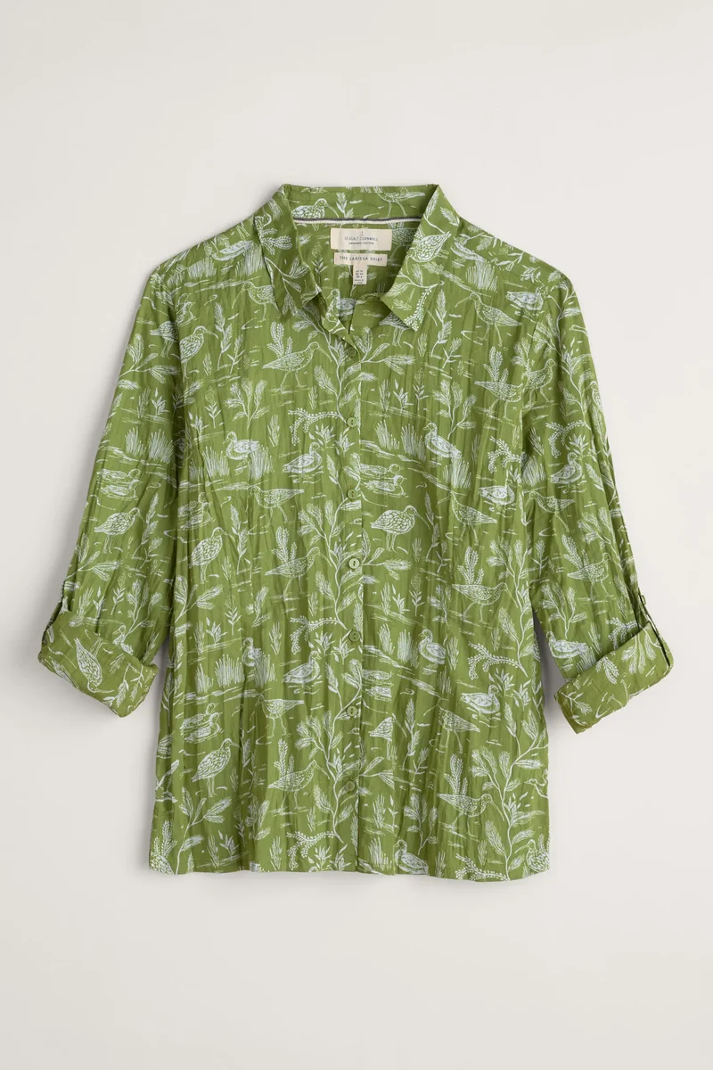 Seasalt Cornwall Larissa shirt marshland birds dark citron