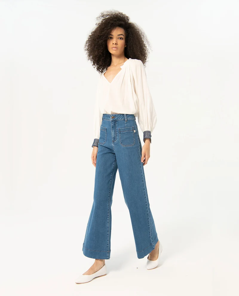 Surkana wide woven tweed trousers with patch pockets blue