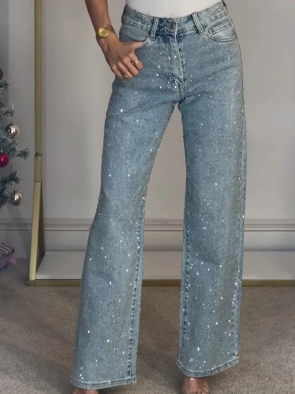 GlamFit-Jeans met hoge taille | Adembenemende, met diamanten bezette straight jeans voor een chique look