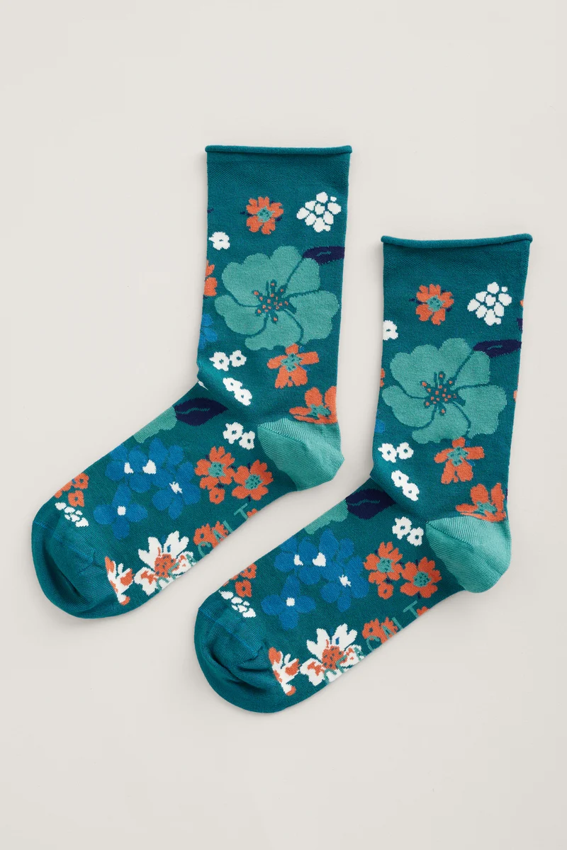Seasalt Cornwall women's bamboo arty socks dense floral dark thyme