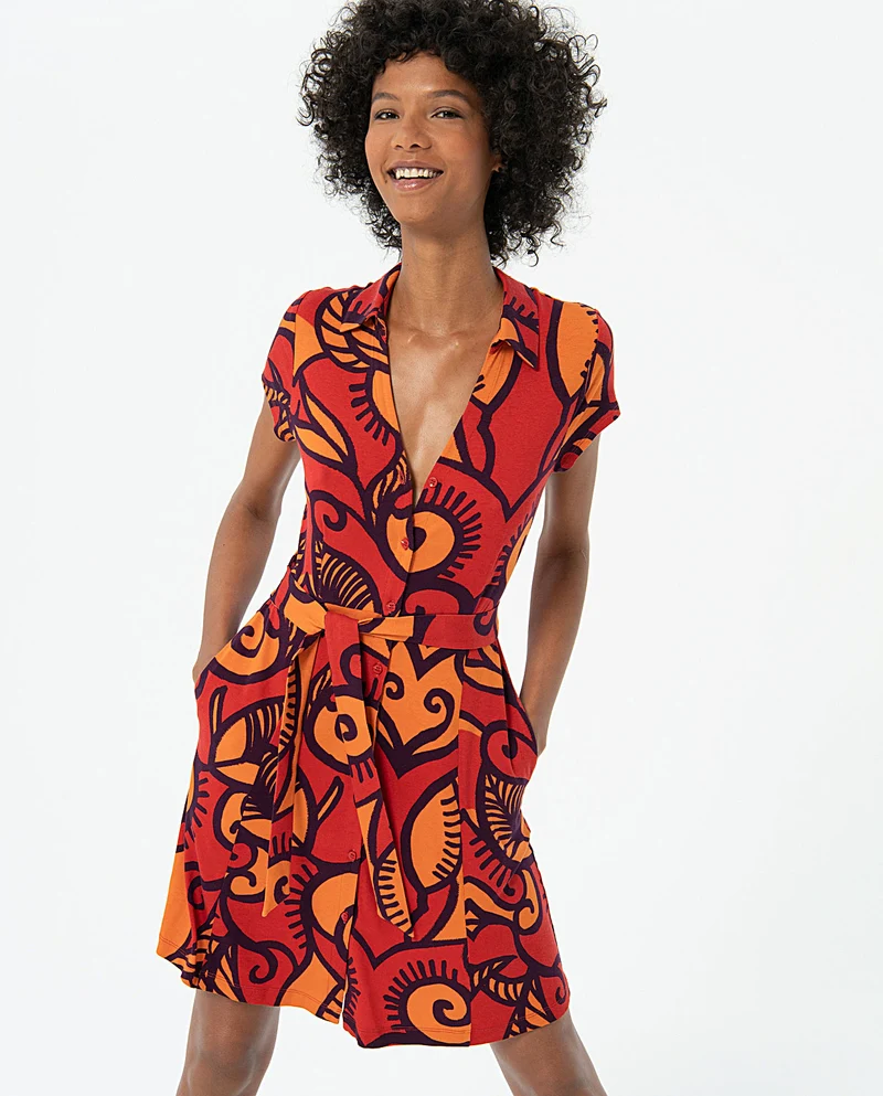 Surkana shirt dress V-neck short sleeves orange