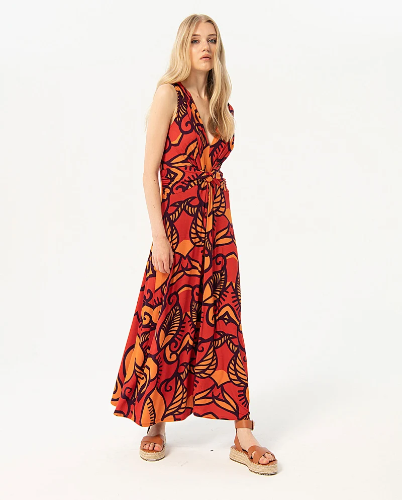 Surkana long sleeveless dress with ruching on chest orange