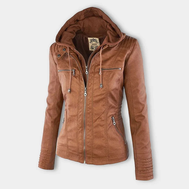 Trendy Dames Leren Jas Alesund – Zwarte PU-Jas met Capuchon en Rits