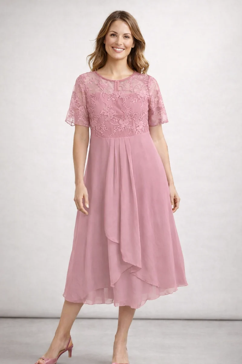 Dames Midikleid met Kant en Chiffon Korte Mouwen