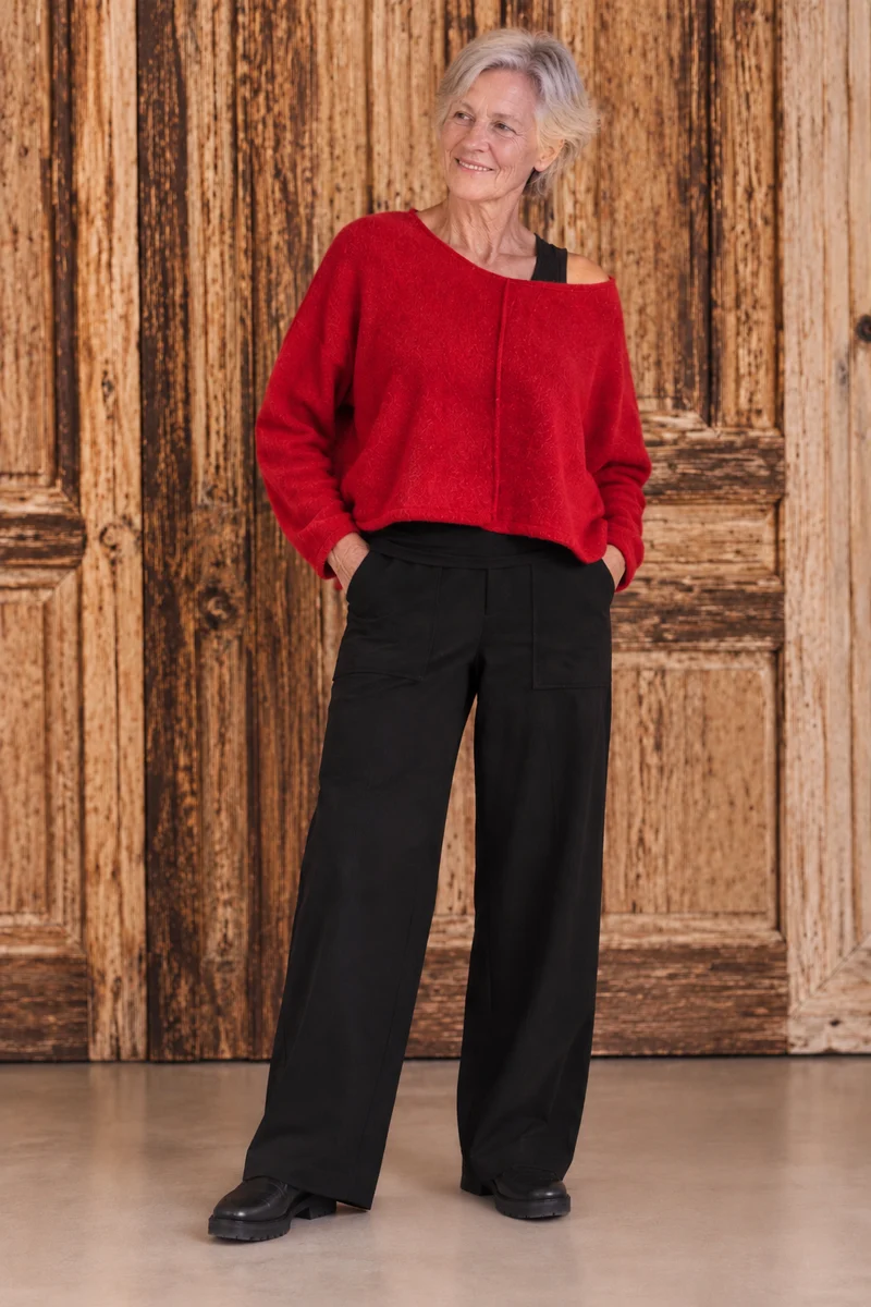 Boris - Trui kort fleece mêlee uni + print - nr. 6115 Rood