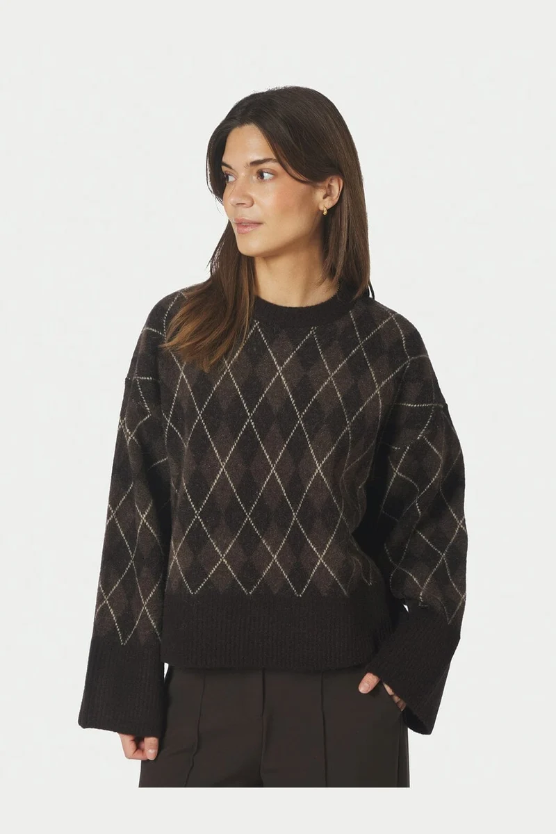 Neo Noir - Kick Check Knit Blouse 165204 - 676 - Dark Brown