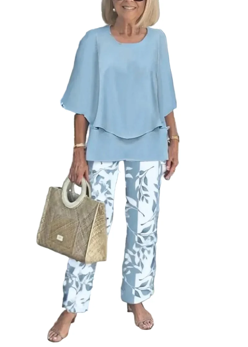 Dames Tweedelige Set met O-hals en Print