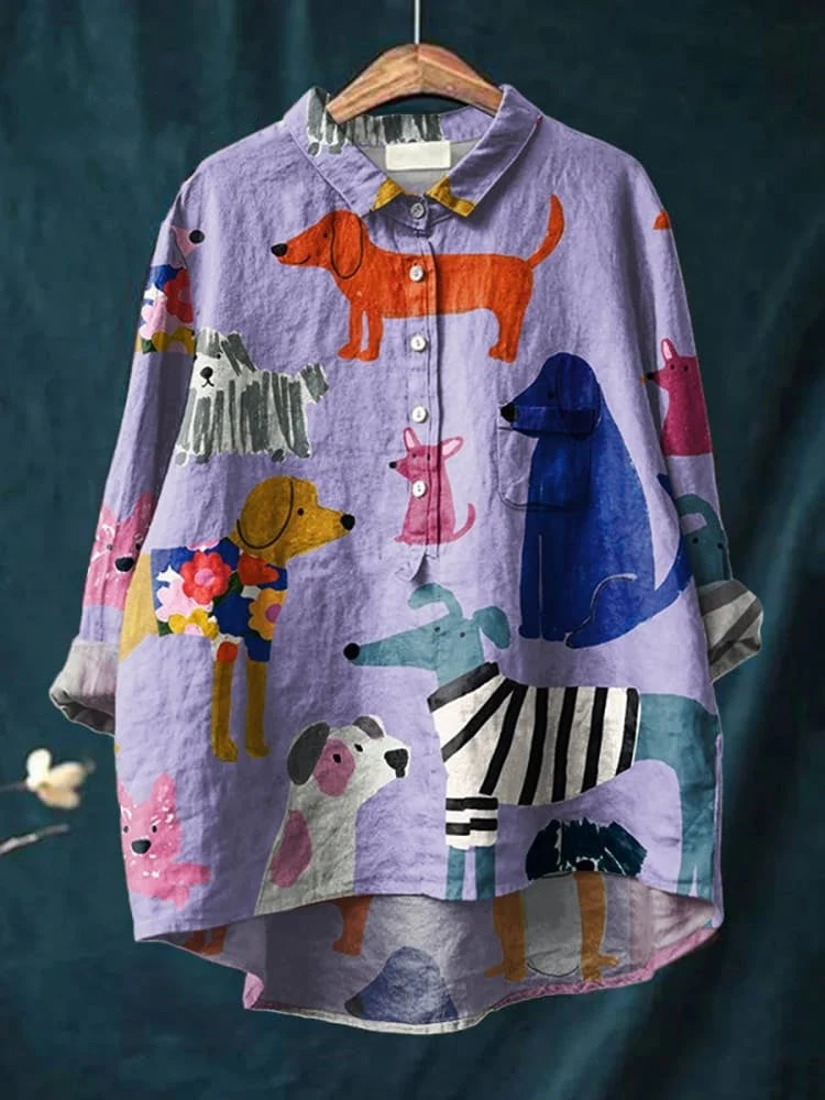 Sophia | Dames Honden Kunstdruk Casual Katoen en Linnen Shirt
