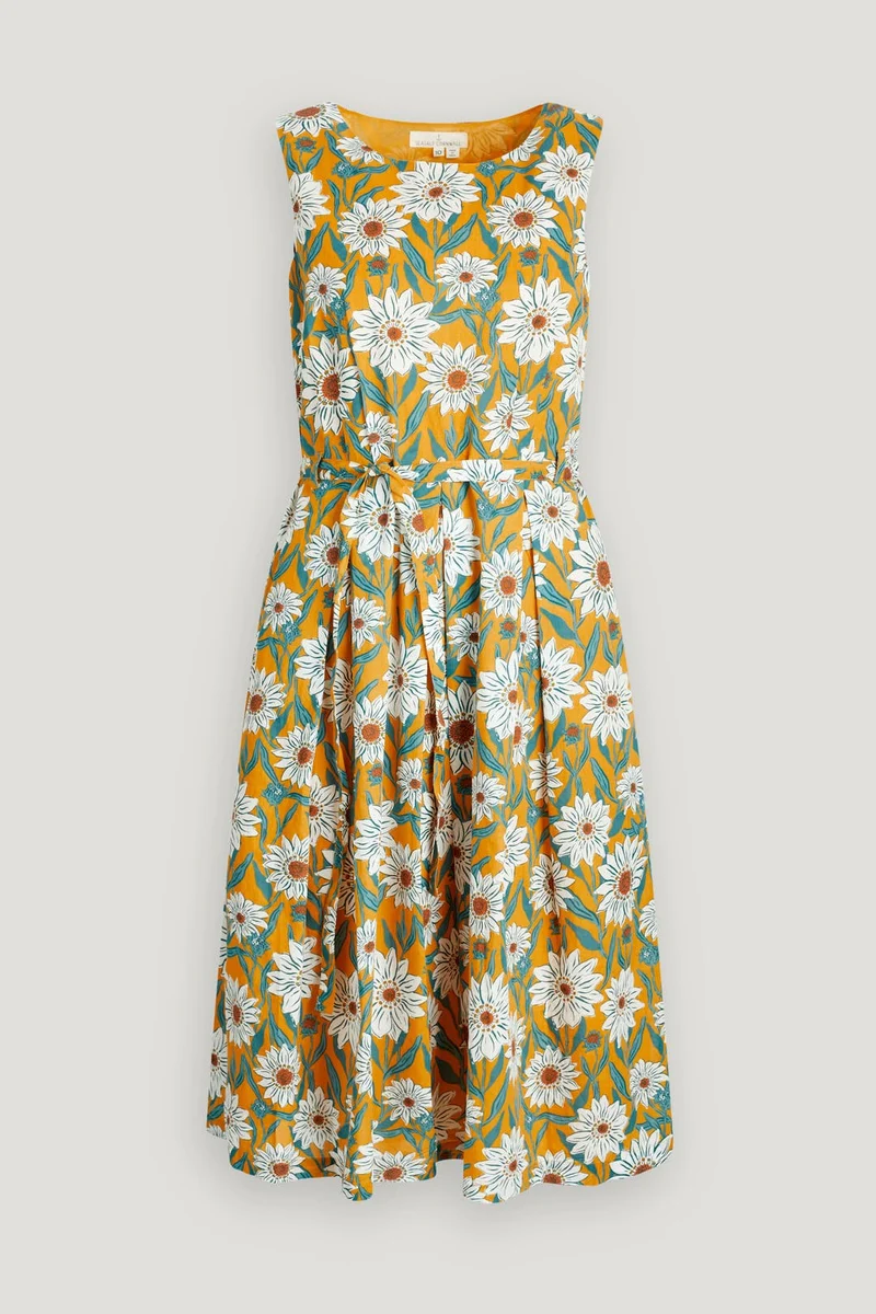 Mouwloze jurk met strikceintuur | Seasalt Cornwall terrace garden dress gazania daisies sandstone