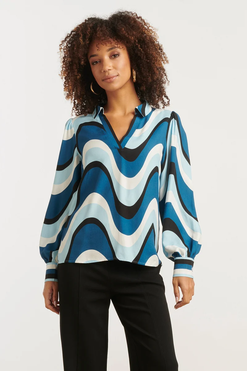 25575 Golvende Print Top In Zwart En Blauw | Light Blue - Muticolour
