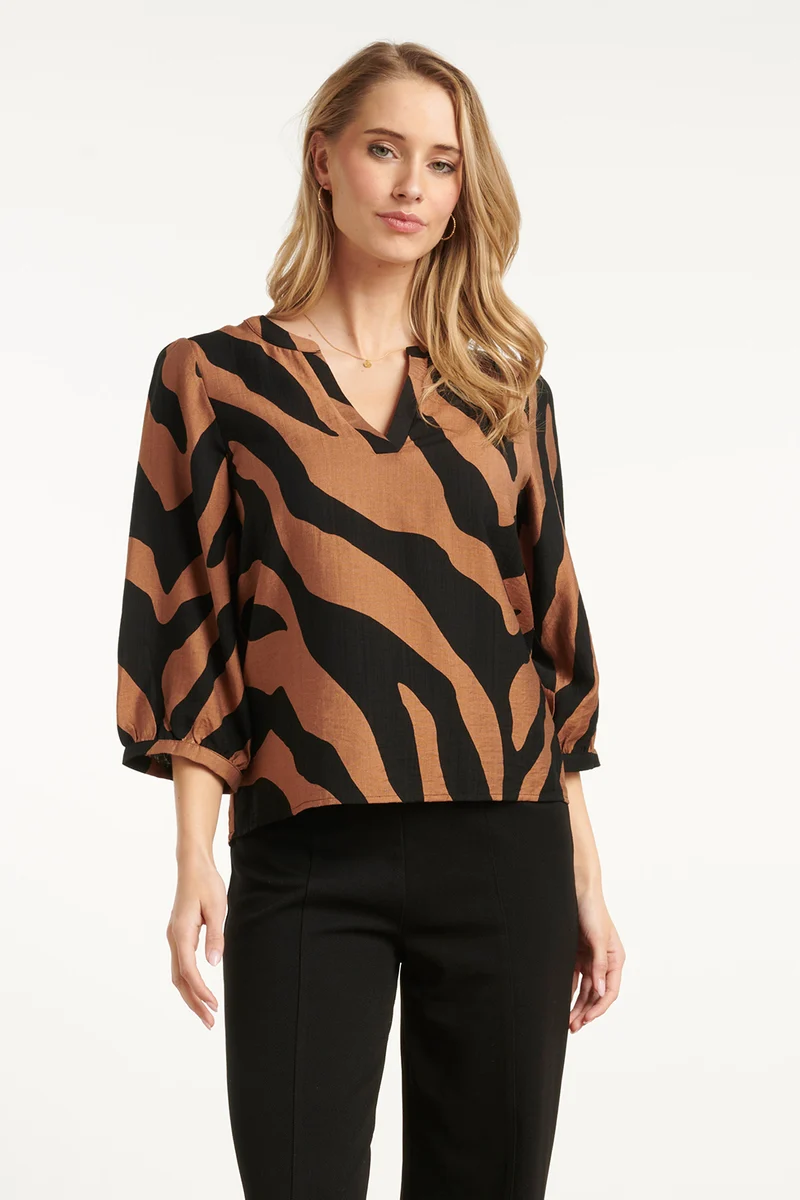 25558 Bruin En Zwart Dierenprint Top Met V-Hals | Brown - Black