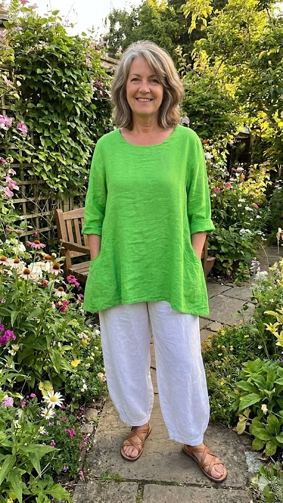 BB Style - Linnen top ronde hals met zakjes - Uni groen