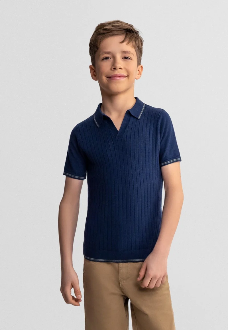 Boys' ribbed knitted polo shirt in navy