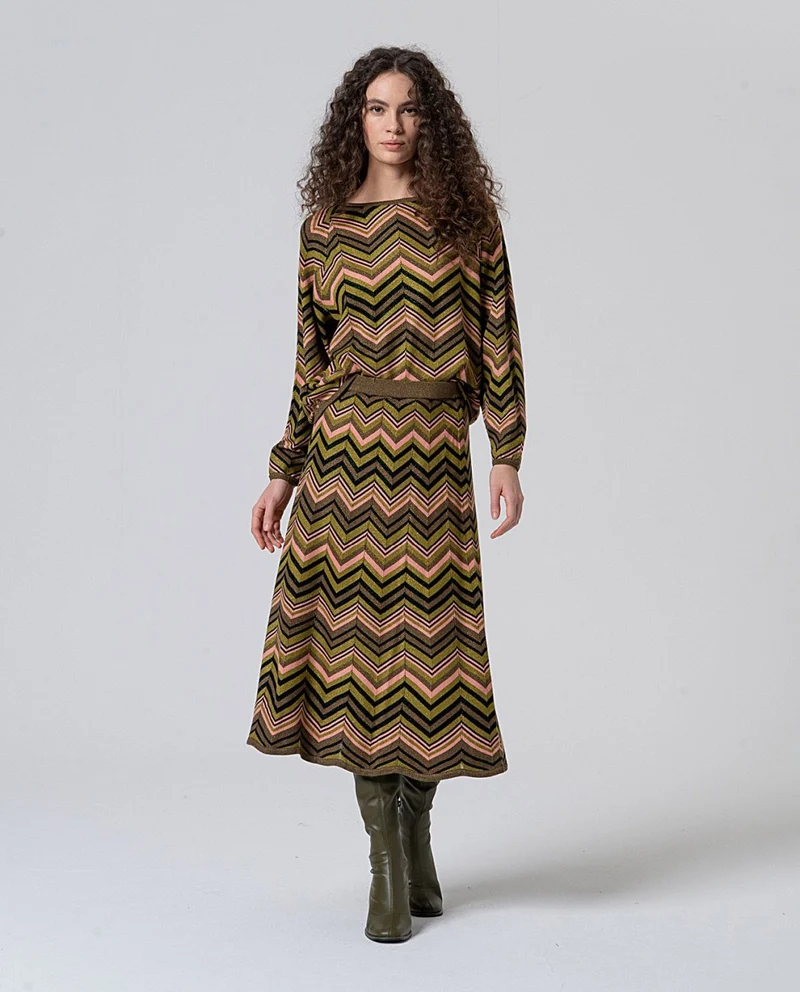Surkana zig-zag knit midi skirt green