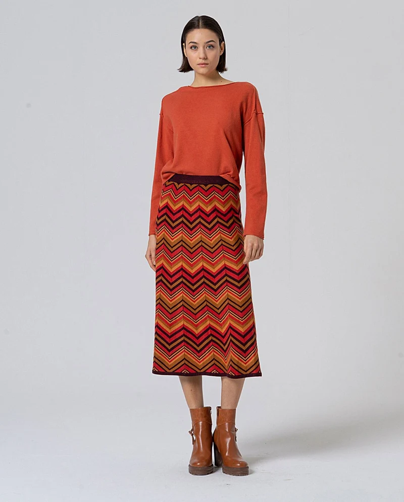 Surkana zig-zag knit midi skirt maroon