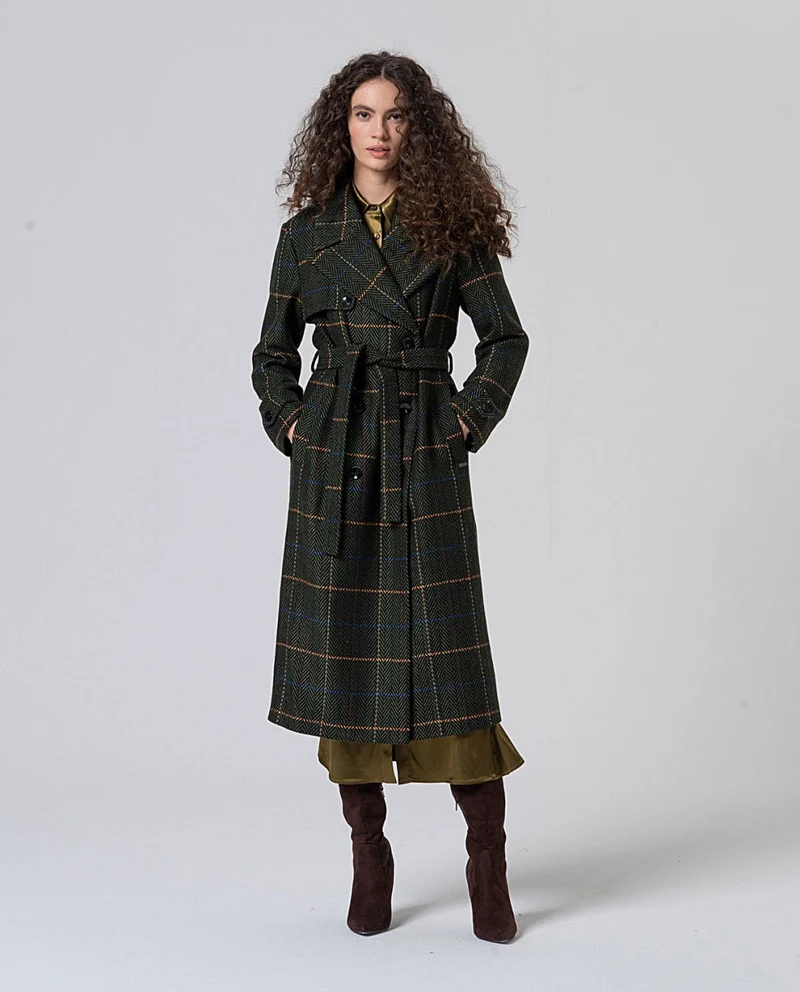 Surkana herringbone fabric trench coat khaki