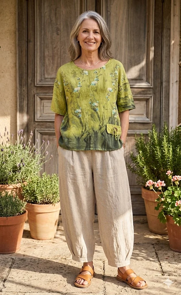 BB Style - Linnen top ronde hals - lime groen bloemen