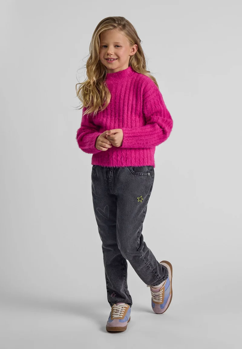 Girls' fluffy ribbed jumper in bright pink