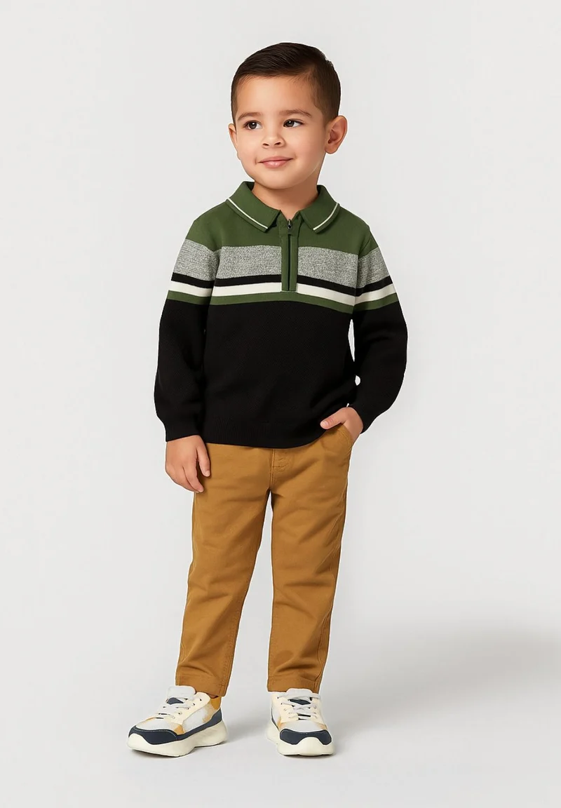 Boys' quarter-zip collared jumper in black, green, grey and white