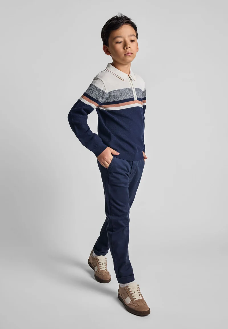 Boys' quarter-zip collared jumper in navy, cream, grey and brown