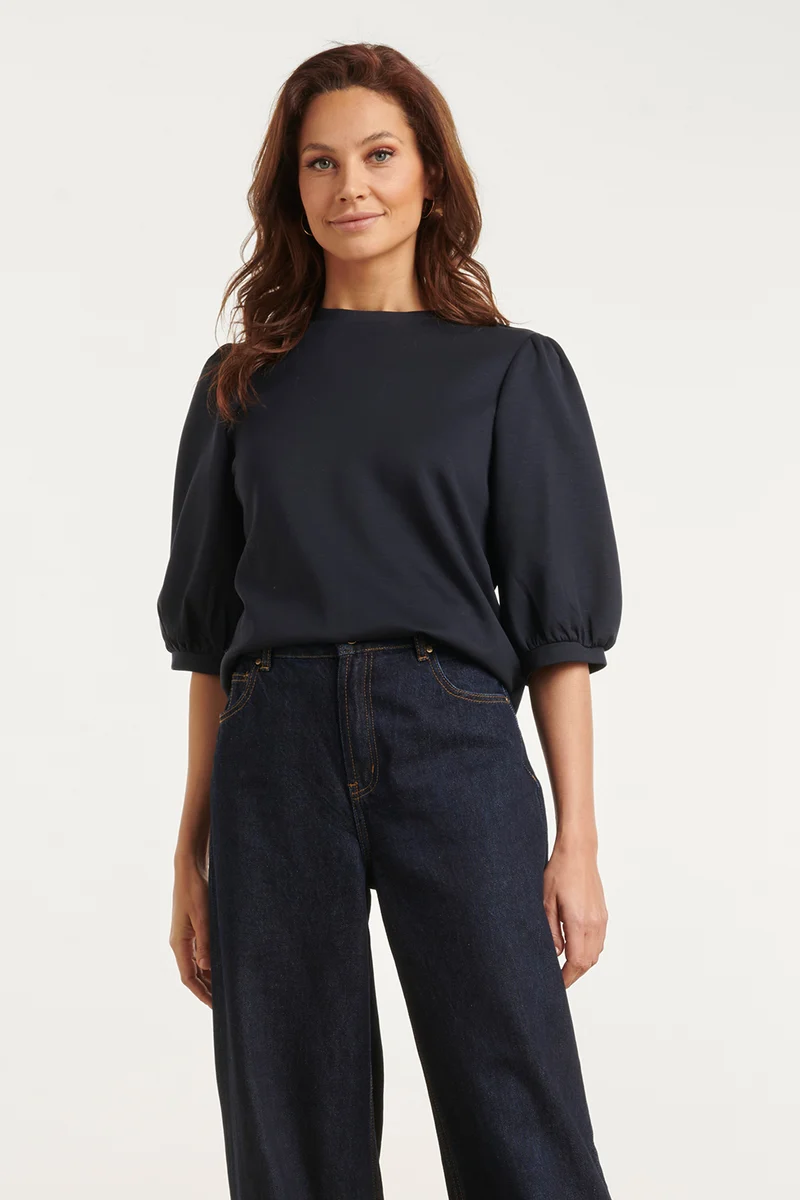 Stretch Top Met Pofmouwen | Navy