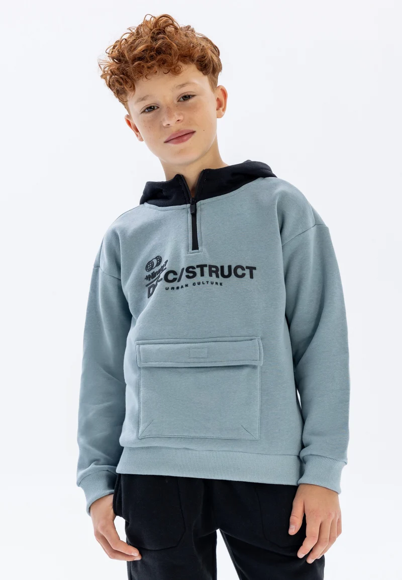 Boys' quarter-zip hoodie in blue grey and black