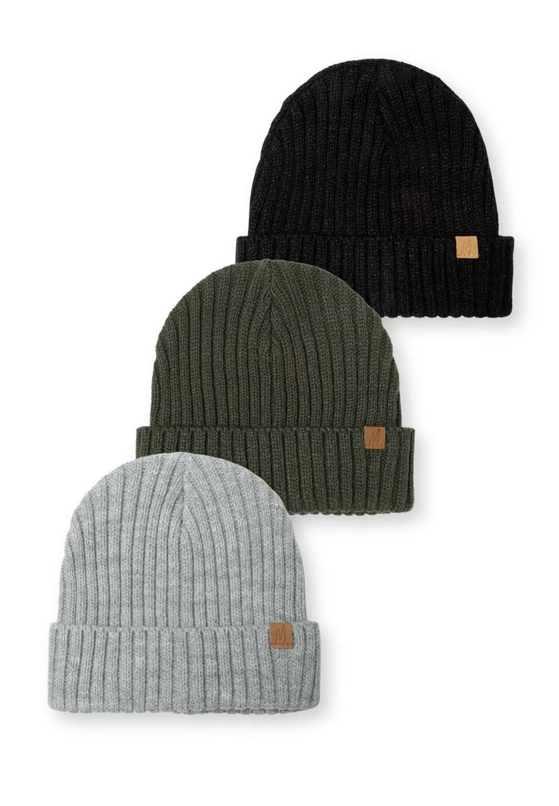 Boys' ribbed beanies 3-pack in black, khaki and grey