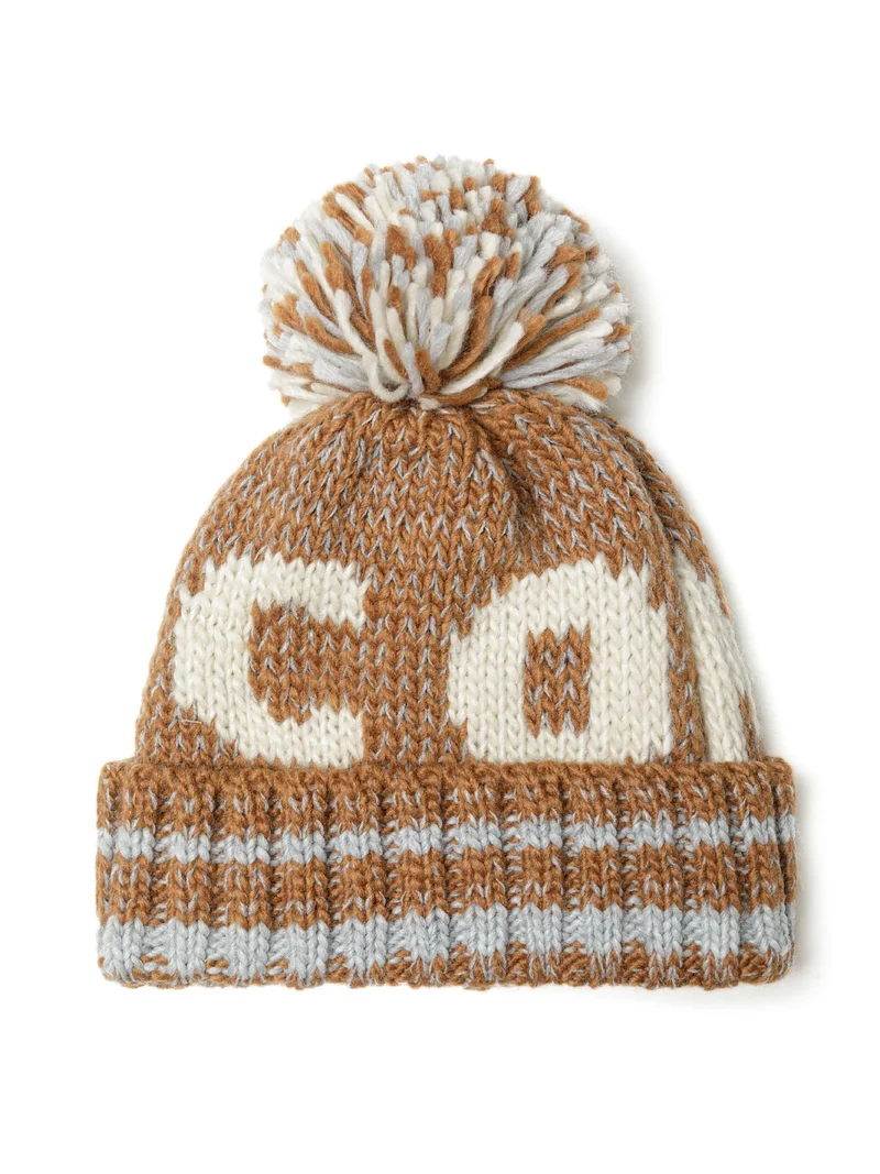 Kids' bobble hat in camel, grey and cream