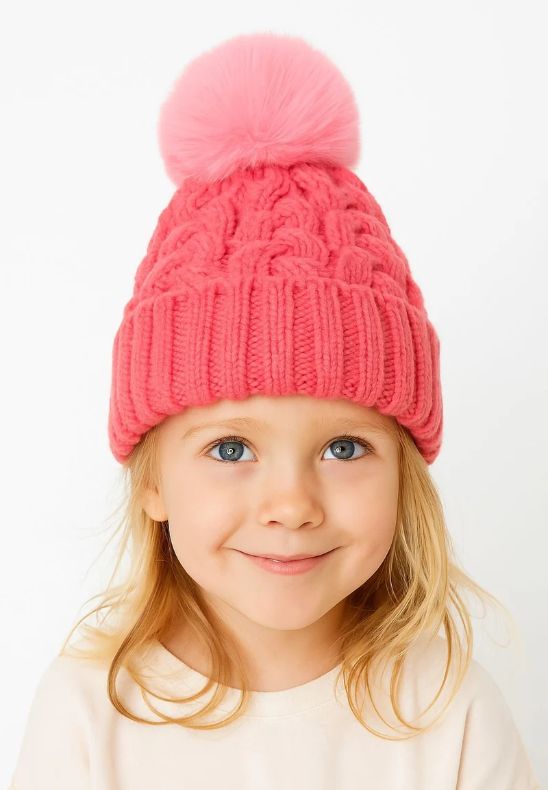 Girls' cable-knit bobble hat in bright pink
