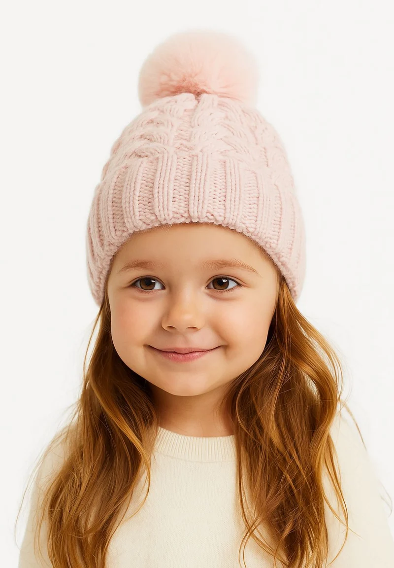Girls' cable-knit bobble hat in light pink