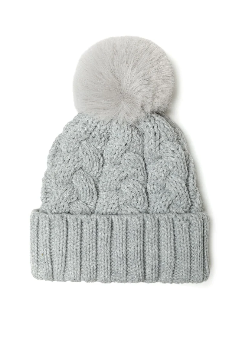 Girls' cable-knit bobble hat in light grey