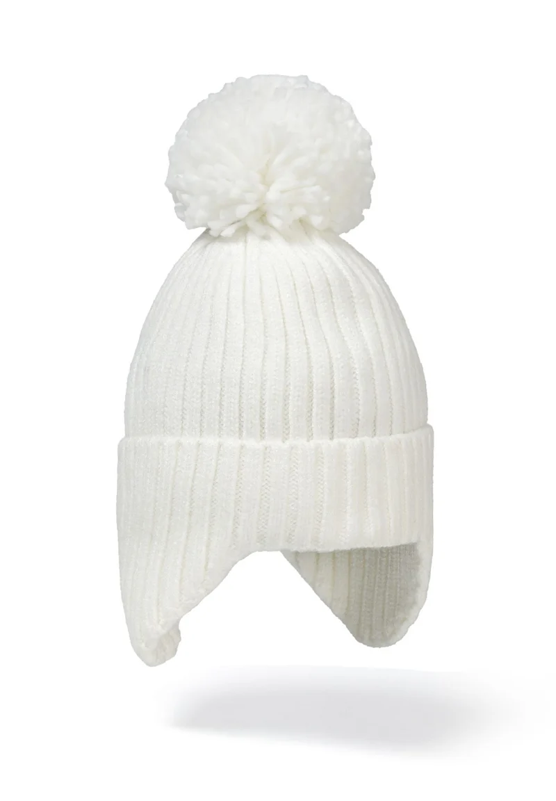 Kids' bobble hat with ear flaps in cream