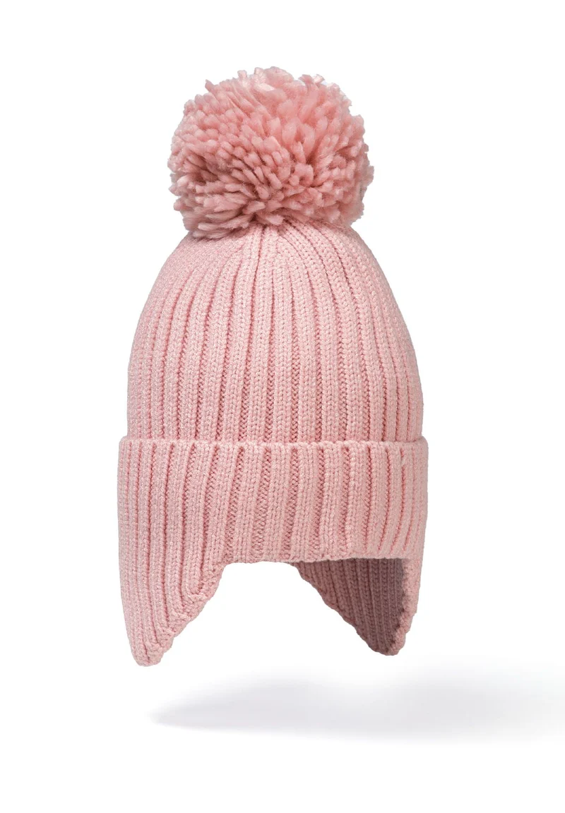Girls' bobble hat with ear flaps in pink